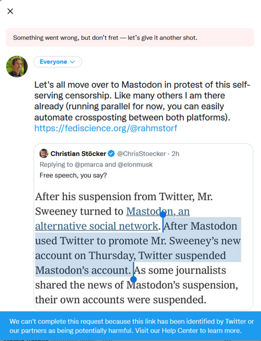 Let's all move over to the 🦣 site in protest of this self-serving censorship. Like many others I am there already (running parallel for now, you can easily automate crossposting between both platforms).

Wow!! I can't even add a link to my 🦣 profile any more, see screenshot!