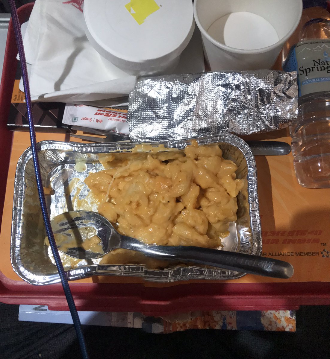 @airindia @tataairlines @tataairways today in AI849 Del-pune cheese laden pasta was served.definitely not d best of food 🥘 to be served from a health point.Would like to see sprouted veg salad in d food choice.over that there is no salt or pepper given for seasoning garnishing🤔