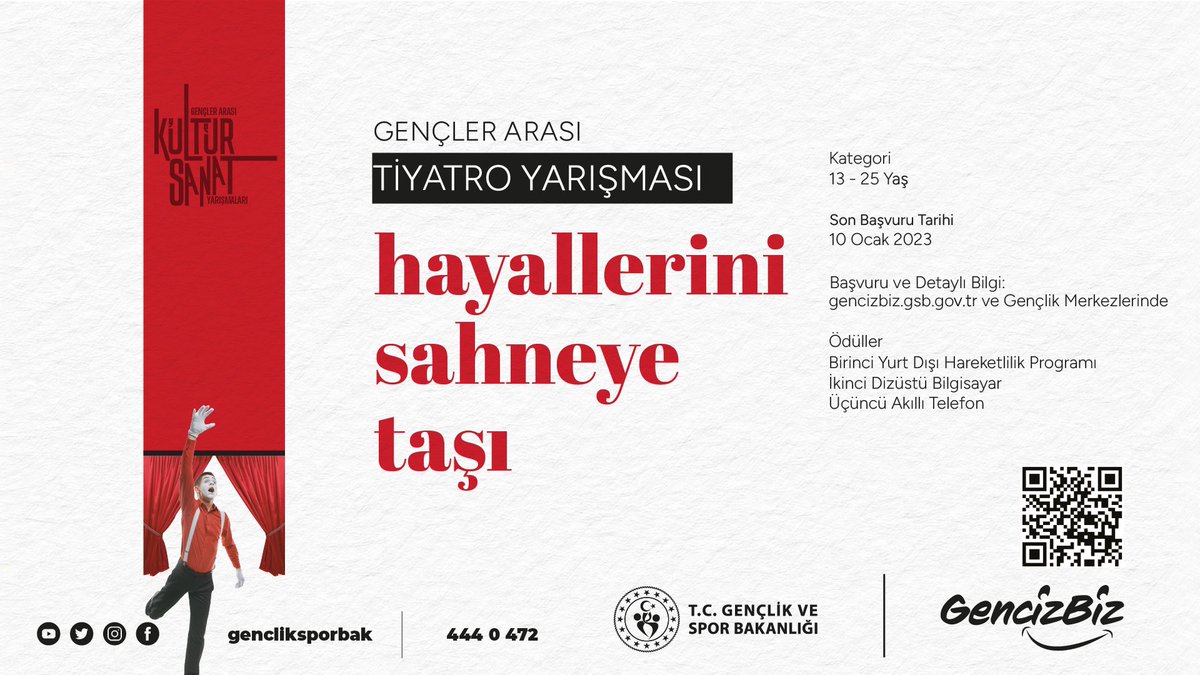 gencliksporbak's tweet photo. 📣2023 Kültür ve Sanat Yarışmaları için başvurular başladı!
Gençler Arası Ses, Şiir Okuma, Tiyatro ve Bilgi Yarışması kategorilerinden sana uygun olanı seç, büyük ödüllerden birini kazanma fırsatı yakala.
🗓️Son Başvuru: 10 Ocak 2023
🔗https://t.co/x7IYEekqcw

#SahneSırasıSende https://t.co/9njTMD0ov1