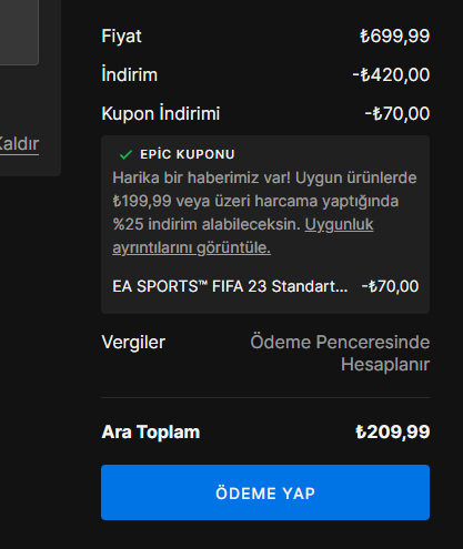 BÜYÜK İNDİRİM! 

FIFA 23 için Epic Games Store'dan yılbaşı özel indirim kodunu kullanırsanız, oyunun fiyatı 700 TL'den, 209 TL oluyor. Bu fırsatı kaçırmayın! #indirim #FIFA23 #EpicGames