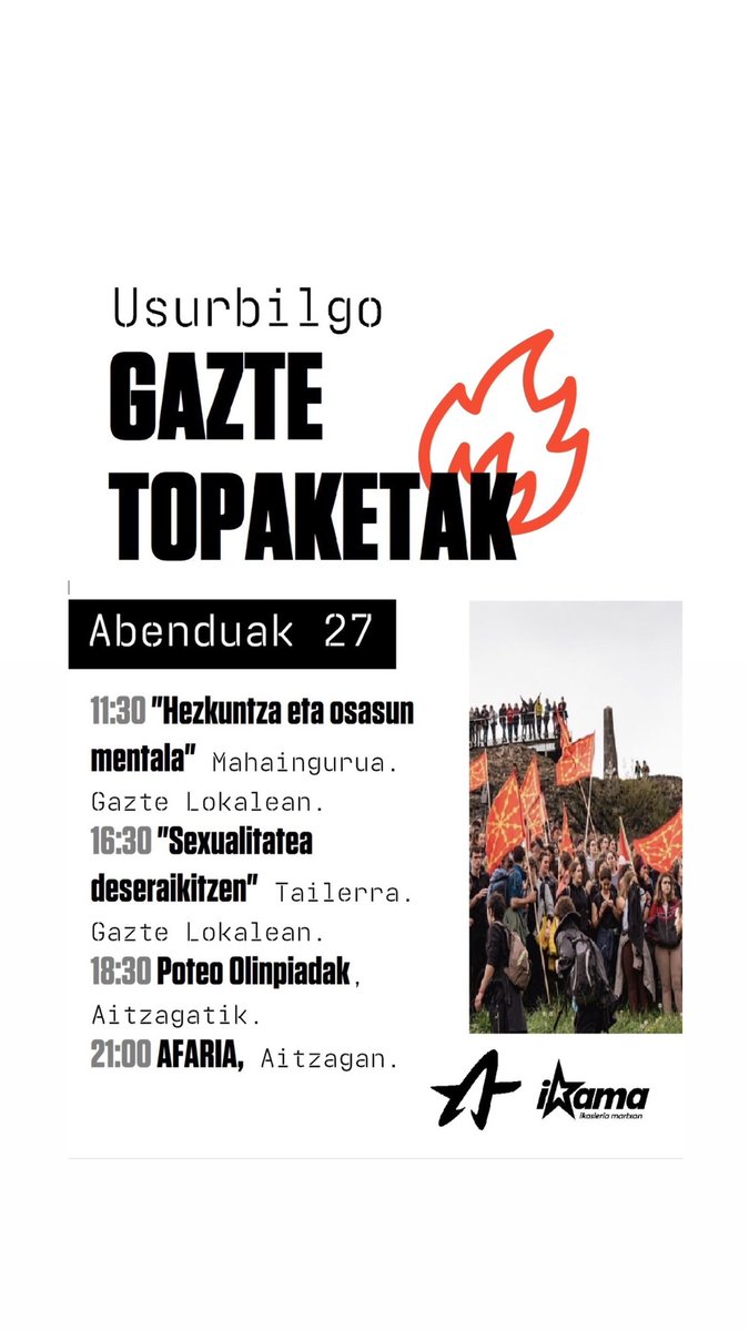 🔥 Aurten ere badatoz USURBILGO GAZTE TOPAKETAK!!!

Ernai Usurbil eta Oriarteko Ikama-ko kideok elkarlanean burutuko ditugu, ABENDUAREN 27an ‼️ 

Beraz, badakizue, GORDE DATA eta ANIMATU ❤️‍🔥❤️‍🔥❤️‍🔥