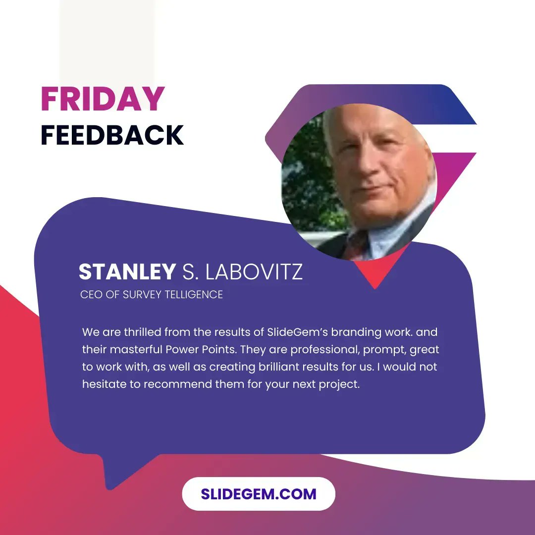 SlideGem's tweet image. We love to hear what our clients have to say! Here&apos;s what they had to say about their experience with us.

Contact us today:
📨 Email: Hi@slidegem.com
📲 WhatsApp: +92 3096 302626

#FridayFeedback #SlideDesigner #ProPresentationDesigner
#testimonial #Powerpoint #designthinking