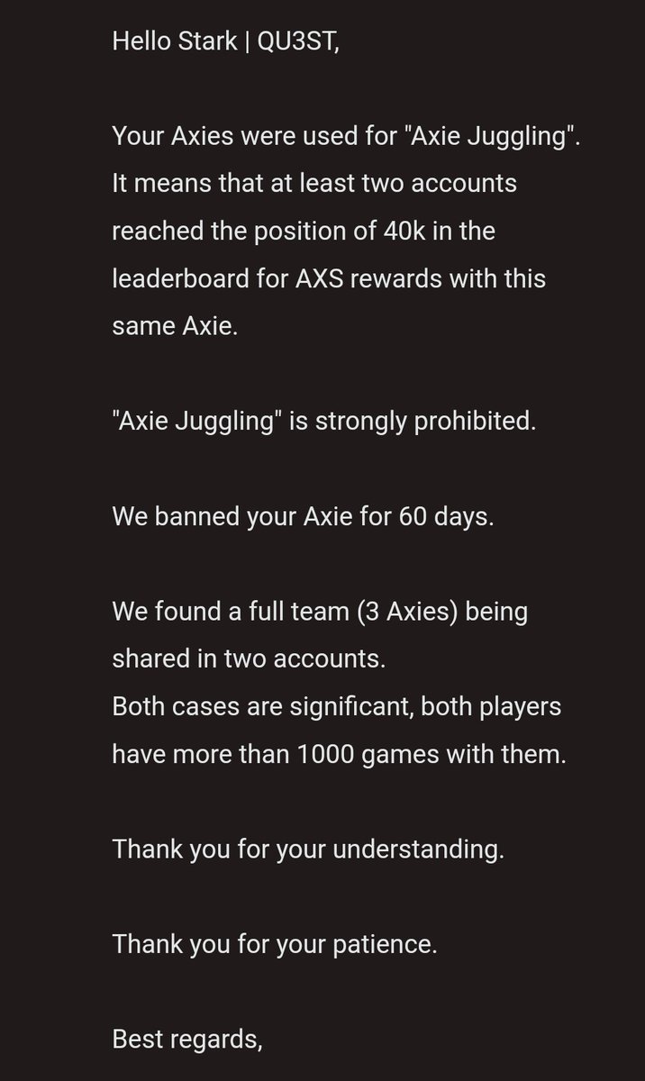 Scholarship model now renamed "Axie juggling" is strongly prohibited!

Looks like one of the final nails in the scholarship model. Everyone talking about how to get new players in the game but I get punished for having a community of 30 people that can tryout the game for free 👇