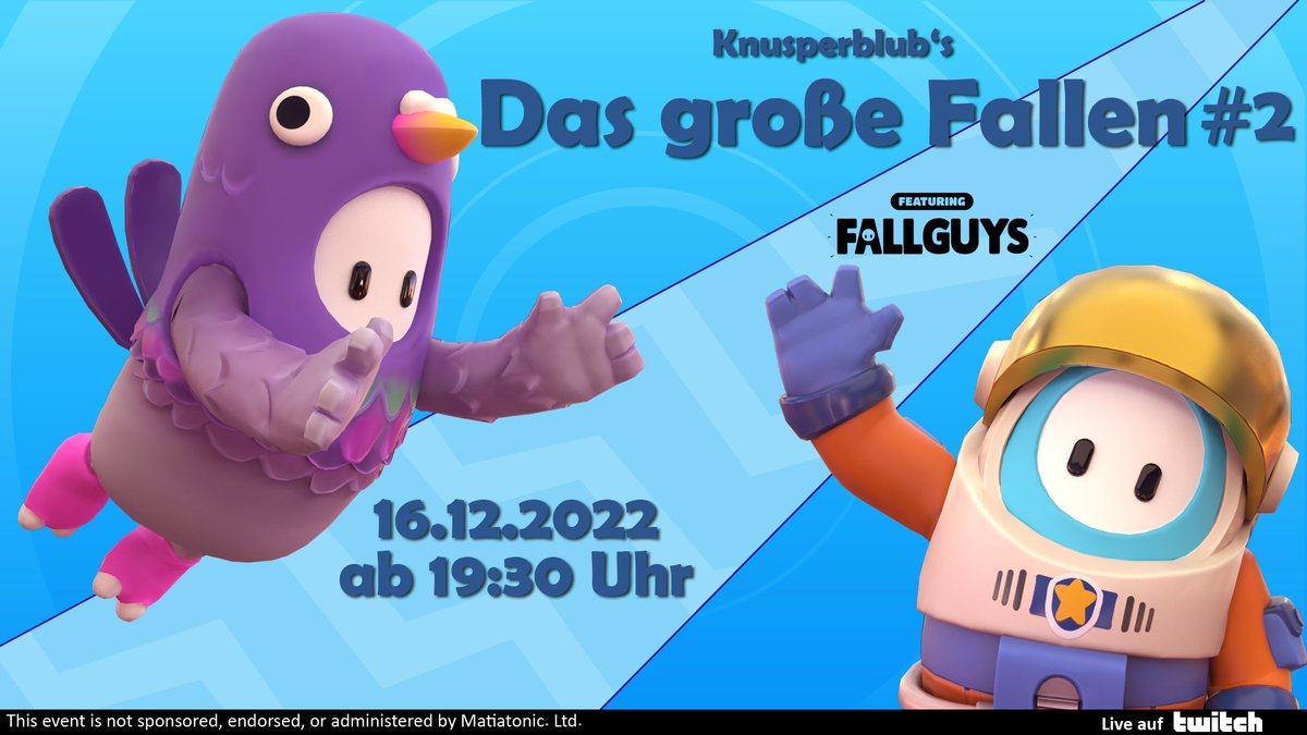 Endlich ist der Tag gekommen!

"Das große Fallen" #2 geht um 18 Uhr in die Vorberichte und um 19:30 Uhr geht das Turnier mit vielen tollen Streamer*innen los!

Ich bin mega gehyped und freue mich auf viele tolle Momente!

Cast auf: twitch.tv/knusperblub
#Twitch #FallGuys