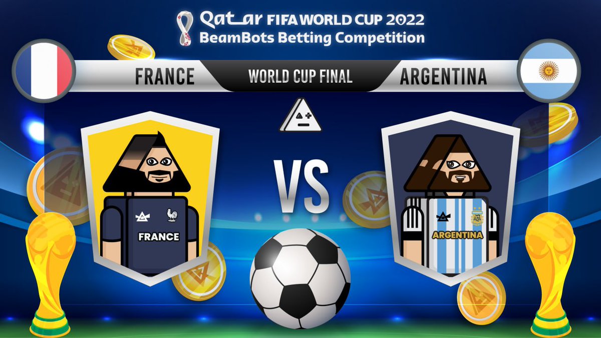 thebeambots's tweet image. The #BeamBots Qatar competition is now open for the FINAL!

 #Argentina vs #France
Who do you think will win the World Cup? 👀 
🇦🇷 win - 3999 $Beam
🇫🇷 win - 3999 $Beam

Place your bet NOW! 
Prize Pool: 
4428 $Beam
2214 $BB

Good luck! 🤖🏆
#FIFAWorldCup #ArgentinaVsFrance