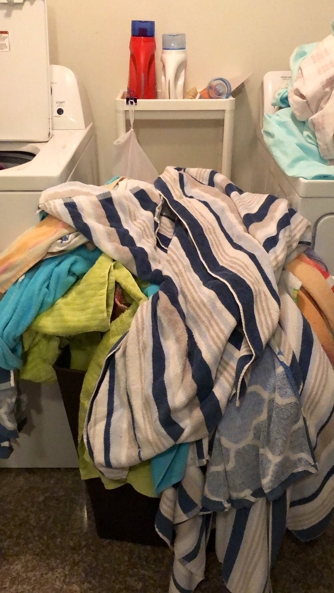 Peady's tweet photo. There were 14 (FOURTEEN!!!) towels on the back of the kids’ bathroom door. I’d be more upset if I wasn’t positively amazed at their ability to defy gravity! 🤣 Happy Friday! #Things #WhereAreAllTheTowels #JumpinsJumpins #FridayFeeling #SillySavesMe #ANDthem 😑 https://t.co/ZmygRctUUm