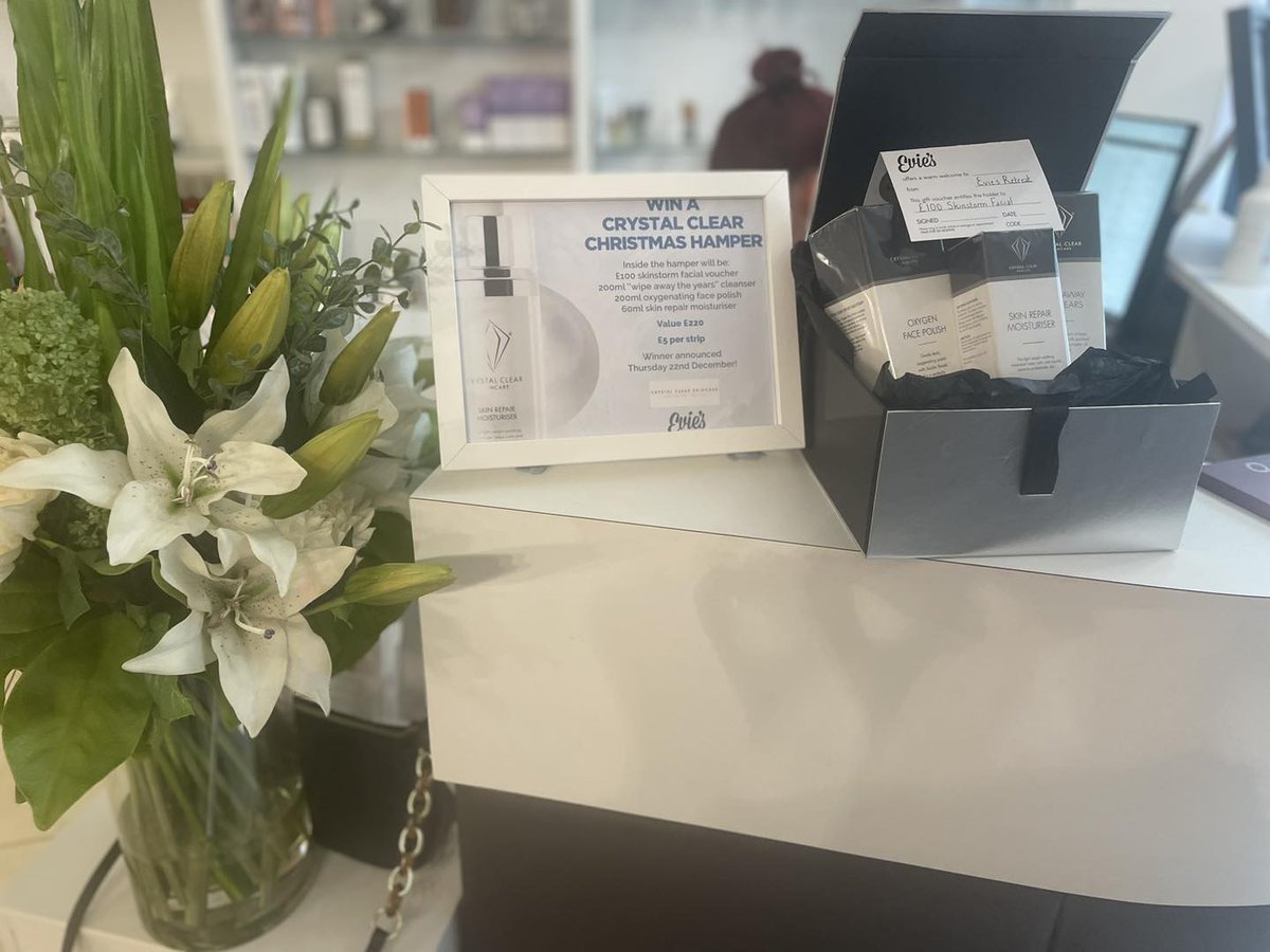 Win a Crystal Clear Xmas Hamper (value £220), inc:

* £100 SKINSTORM facial voucher 
* 200mls Wipe Away The Years Cleanser
* 200mls Oxygenating Face Polish
* 60mls Skin Repair Moisturiser

Tickets : £5 per strip, from our salon, with winner announced 22 Dec.