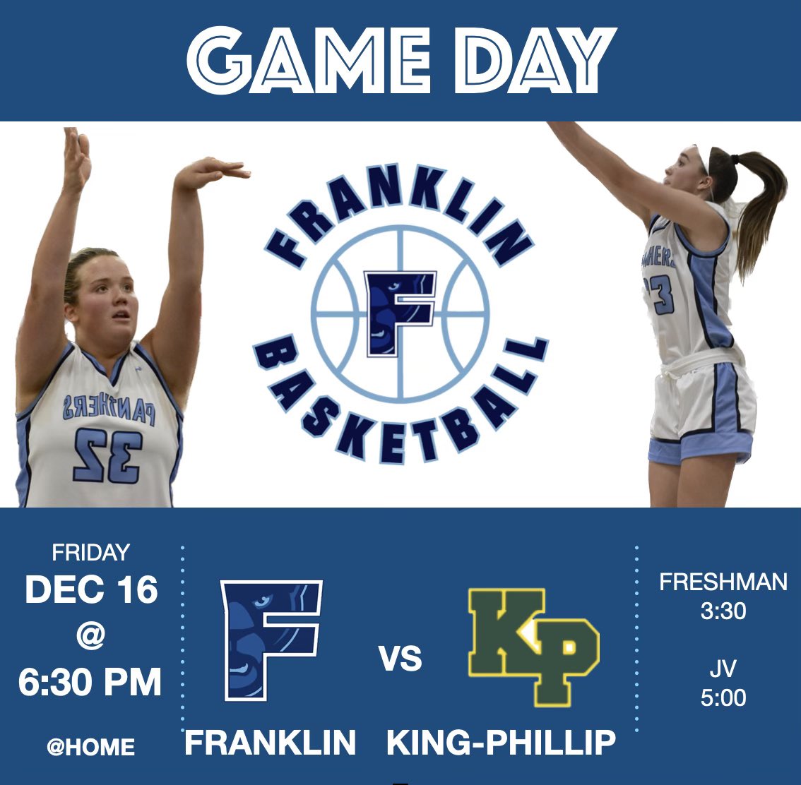 All three <a href="/fhsgvbasketball/">Franklin Girls Basketball</a> teams are  at home tonight vs KP. Be sure to show up and be loud!!

<a href="/HockomockSports/">HockomockSports</a> <a href="/FHSSports/">FranklinAthletics</a> <a href="/FHSPantherbook/">Pantherbook</a>