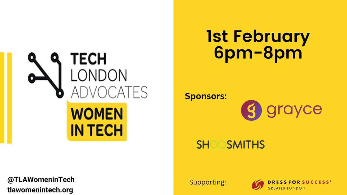 TLA Women in Tech (@tlawomenintech) on Twitter photo 📣Sign-up for our "Pipeline to the Future" on 1st February <a href="/Shoosmiths/">Shoosmiths</a> with <a href="/WeareGrayce/">Grayce</a> in support of <a href="/DFSlondon/">Dress for Success GL</a>
📣Come learn, share, be inspired and network ✨
<a href="/TechLondonAdv/">Tech London Advocates</a> <a href="/GlobalTechAdv/">Global Tech Advocates</a> <a href="/GTA_BWTECH/">Global Tech Advocates Black Women in Tech</a> <a href="/TLA_Ed/">TLA Education</a> <a href="/TLA_YE/">Tech London Advocates: Young Entrepreneurs</a> <a href="/Tech4Disability/">TechForDisability</a>
eventbrite.co.uk/e/tla-women-in… 📣Sign-up for our "Pipeline to the Future" on 1st February <a href="/Shoosmiths/">Shoosmiths</a> with <a href="/WeareGrayce/">Grayce</a> in support of <a href="/DFSlondon/">Dress for Success GL</a>
📣Come learn, share, be inspired and network ✨
<a href="/TechLondonAdv/">Tech London Advocates</a> <a href="/GlobalTechAdv/">Global Tech Advocates</a> <a href="/GTA_BWTECH/">Global Tech Advocates Black Women in Tech</a> <a href="/TLA_Ed/">TLA Education</a> <a href="/TLA_YE/">Tech London Advocates: Young Entrepreneurs</a> <a href="/Tech4Disability/">TechForDisability</a>
eventbrite.co.uk/e/tla-women-in…