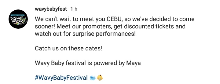 Meet the Wavy Baby Music Festival promoters, get discounted tickets, and catch surprise performances at the Bar and Sugbo Mercado Tour on December 16 and 17 in Cebu. Check poster for details. Powered by Maya #WavyBabyFestival 📷wavybabyfest (16Dec22)