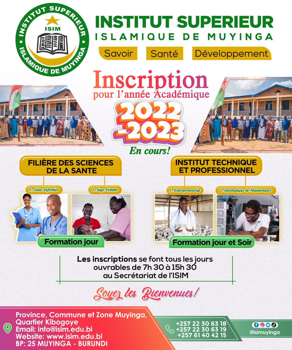 ISIMuyinga's tweet photo. Les inscriptions toujours en cours soyez les bienvenues #ISIM #Santé #Savoir #developpement https://t.co/zjMsCEWGyP