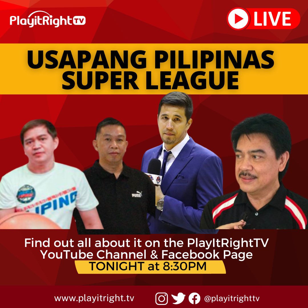 PlayitRightTV's tweet photo. Usapang Pilipinas Super League LIVE tonight! Kasama Com Marc Pingris, President Rocky, VP Ray &amp; coach Leo Isaac! Join us LIVE in a few minutes! See you there sports fans!

 #PlayItRightTV #playitright #basketballph #PilipinasSuperLeague #psl #sportsph #Sports https://t.co/dn168uOy7R