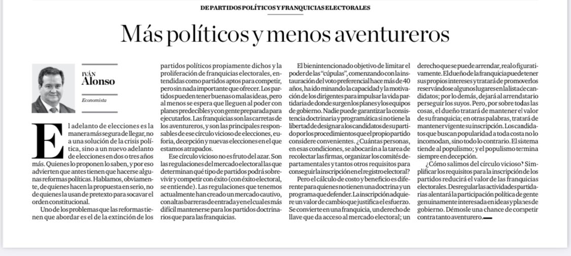 Son la regulaciones del mercado electoral las que determinan qué tipo de partidos podrá sobrevivir y competir con éxito en las elecciones. Mi artículo de hoy en El Comercio.