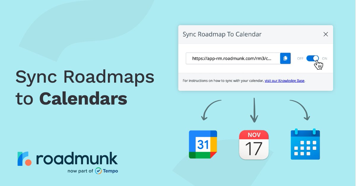 Keep your teammates up to date by syncing roadmaps to your calendars! Stay on top of projects even when you're not in Roadmunk. Learn more: bit.ly/3Y3fyoY
