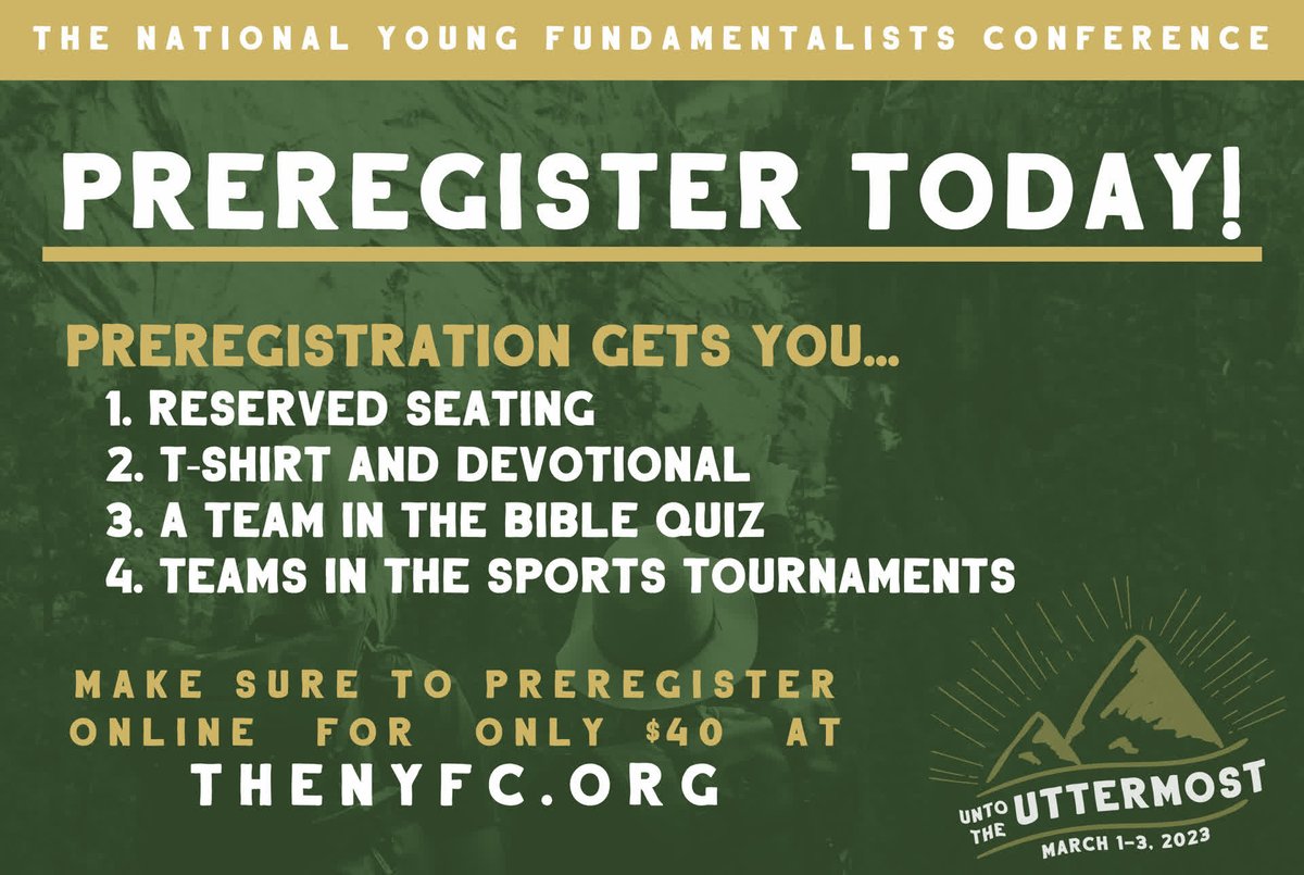 Don' miss this year's NYFC! It is going to be the biggest one yet, and you will want to pre-register. Get reserved seating, a discounted price, and the ability to register for the sports tournaments only if you pre-register!
thenyfc.org/#REGISTER
#NYFC
#Uttermost