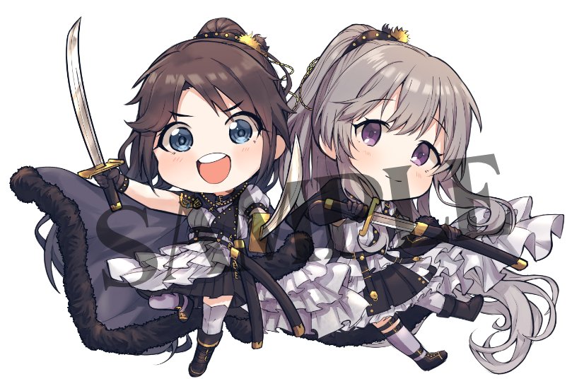multiple girls 2girls sword weapon holding grey hair holding sword  illustration images