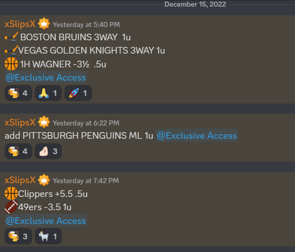 SystemSlips's tweet photo. 12/15 Exclusive Plays Recap
🏒 BOSTON BRUINS 3WAY 1u❎
🏒VEGAS GOLDEN KNIGHTS 3WAY 1u✅
🏀 1H WAGNER -3½ .5u❎
🏒PITTSBURGH PENGUINS ML 1u✅
🏀Clippers +5.5 .5u❎
🏈49ers -3.5 1u✅
Come join us this weekend! DM for discord access
#gamblingtwitter #systemslips #sportsbetting https://t.co/ITkCNP1TmK
