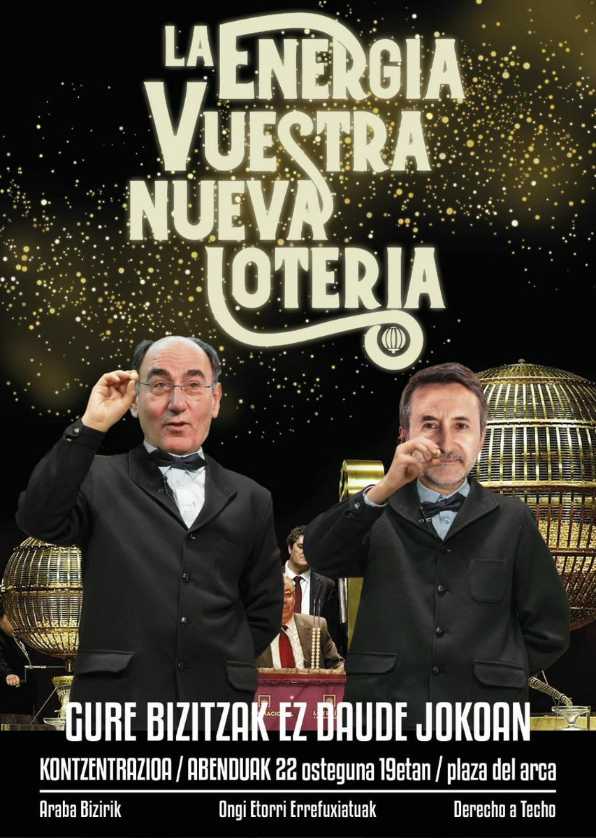 GasteizenA's tweet photo. LA ENERGÍA, VUESTRA NUEVA LOTERÍA:

La energía, lejos de haberse convertido en un derecho o en un mínimo garantizado para poder llevar una vida digna, se ha convertido en un negocio.

Jendartearen pobretzea gora doan bitartean enpresa elektrikoen aberastasuna handitzen doa https://t.co/72GEINvWQW