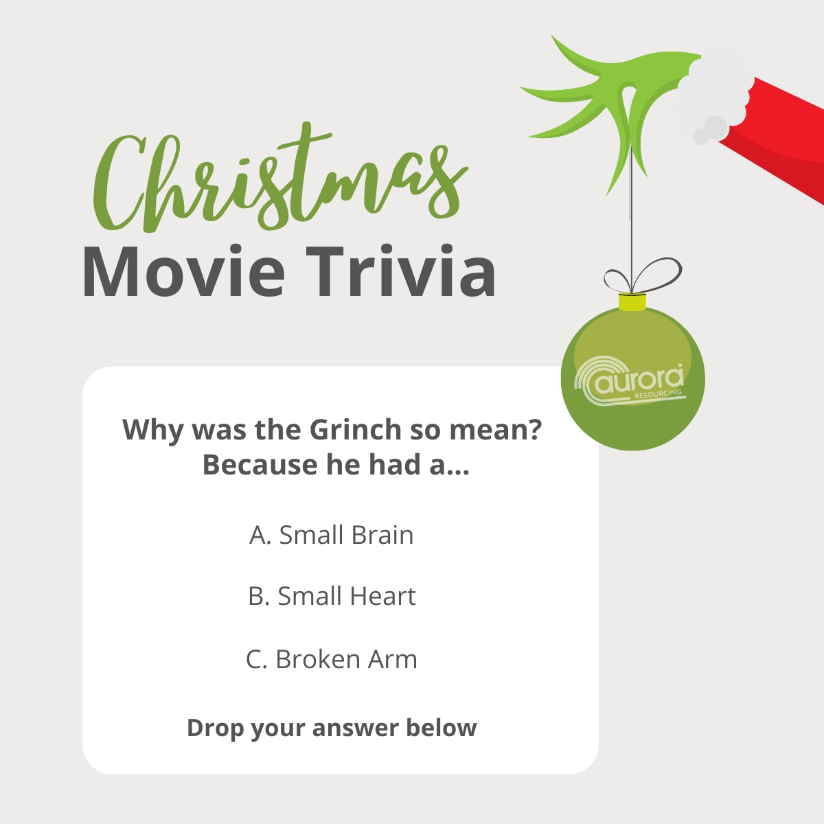 AuroraResLTD's tweet photo. Here at Aurora we are getting into the Christmas spirit!

We've got a little bit of Christmas movie trivia for you featuring one of our favourite Christmas movies. Give your answer in the comments. 🎄

#ChristmasTrivia https://t.co/0msUABMlLk