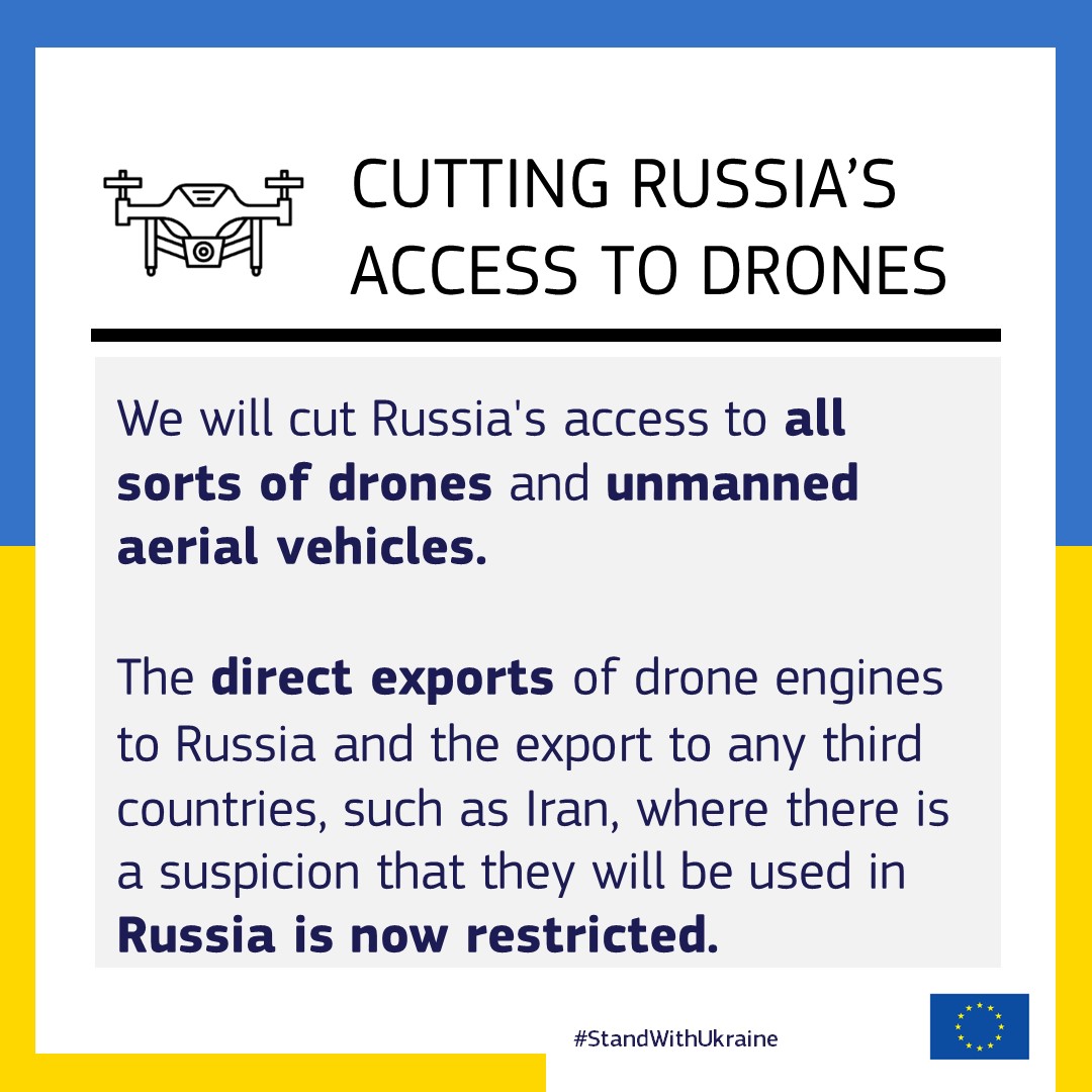 EU_Commission's tweet photo. The direct exports of drone engines to Russia and the export to any third countries, such as Iran, where there is a suspicion that they will be used in Russia is now restricted.

#StandWithUkraine https://t.co/ieDlizP3n6
