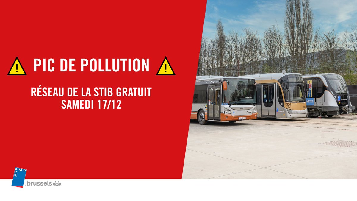 STIBMIVB's tweet photo. ⚠️ Pic de pollution : la STIB gratuite le 17/12/2022 ⚠️

En raison d'un pic de pollution, vous pouvez voyager gratuitement avec la #STIB ce samedi 17/12/2022. Vous ne devez pas valider votre ticket.

Plus d'infos 👉 https://t.co/H01ltHFc2y https://t.co/F1pn6sWpnZ