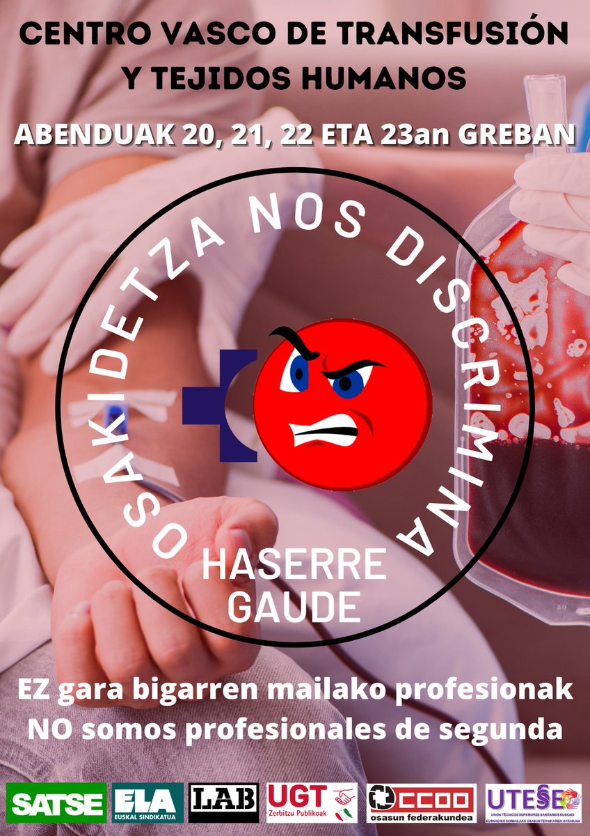 UGT_Euskadi's tweet photo. #SalarioOConflicto 
➡️Mañana, a las 12.00h, en Bilbao,  manifestación del Centro de Transfusiones y Tejidos Humanos #CVTTH, de Galdakao,  por la equiparación salarial del 4% con  otros servicios del  Hospital
➡️Huelga del 20 al 24 de diciembre
#UGTenLucha
#conugtganas 
#Unete https://t.co/M7rsrKETbF