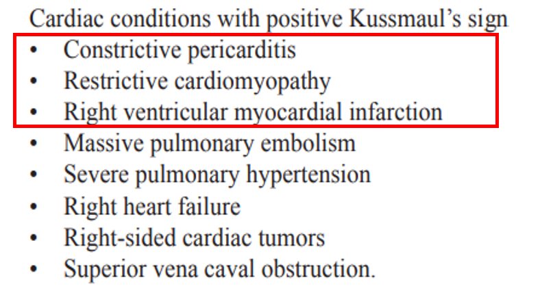 toroalejandr's tweet image. Kussmaul’s sign: distention of jugular veins during inspiration. Negative intrathoracic pressure during inspiration pulls bloods into the right heart, but is restricted by noncompliant pericardium or myocardium (HF, pericarditis, tumors, massive PE, restrictive cardiomyopathy)