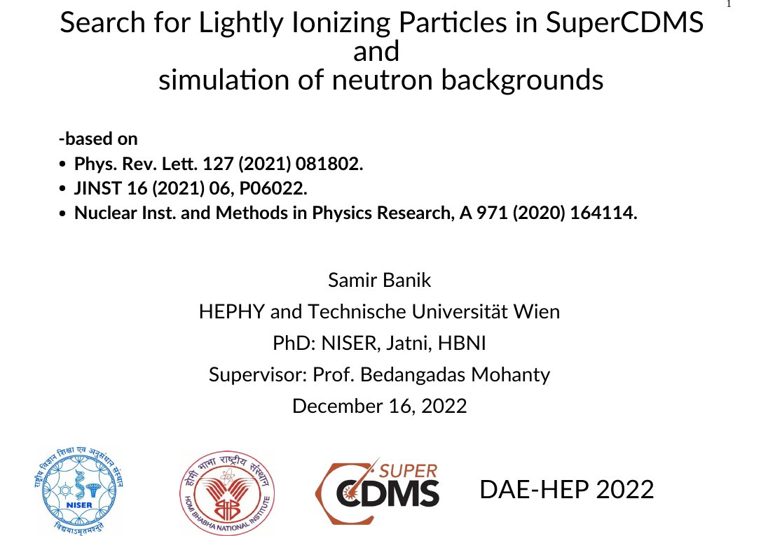 SuperCDMS's tweet photo. Samir Banik giving a talk after receiving an honorable mention at the Rahul Basu best thesis award. His thesis was on "Search for lightly ionizing particles in #SuperCDMS and simulation of neutron backgrounds". Thank you @DAEhep2022 and the award committee. Proud of you Samir! https://t.co/UvNiSOZeiA