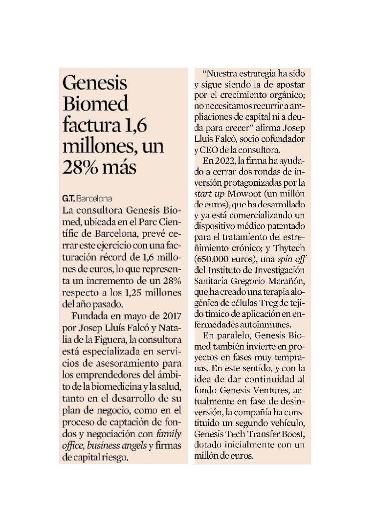 Parc Científic de Barcelona (@pcb_ub) on Twitter photo ◽️ <a href="/Genesis_Biomed/">GENESIS Biomed</a> factura 1,6 millones, un 28% más 📰 <a href="/exp_catalunya/">Expansión Catalunya</a> 📝<a href="/gtrindadearias/">Gabriel Trindade</a>
▫️ Fundada por <a href="/Josep_Falco/">Josep Lluís Falcó</a> y <a href="/NataliadelaFig1/">Natalia de la Figuera</a>, está especializada en servicios de asesoramiento para emprendedores en #biomedicina y #salud e inversiones en proyectos en fases muy tempranas ◽️ <a href="/Genesis_Biomed/">GENESIS Biomed</a> factura 1,6 millones, un 28% más 📰 <a href="/exp_catalunya/">Expansión Catalunya</a> 📝<a href="/gtrindadearias/">Gabriel Trindade</a>
▫️ Fundada por <a href="/Josep_Falco/">Josep Lluís Falcó</a> y <a href="/NataliadelaFig1/">Natalia de la Figuera</a>, está especializada en servicios de asesoramiento para emprendedores en #biomedicina y #salud e inversiones en proyectos en fases muy tempranas