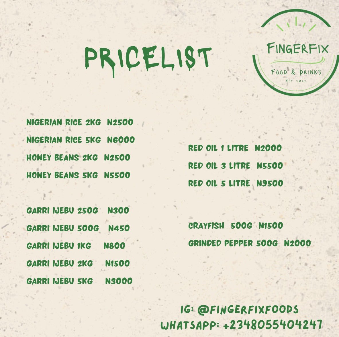 thewomenorbit's tweet photo. Fingerfixfoods is a food brand for healthy food stuffs, farm products & spices.
They deliver to your doorstep.
Their food stuffs includes Rice, Beans, Palm oil, Garri ijebu, Crayfish, Grinded pepper and other spices.
They sell wholesale, hamper & souvenir.
#twomarketplace https://t.co/rNEn7aRkbt