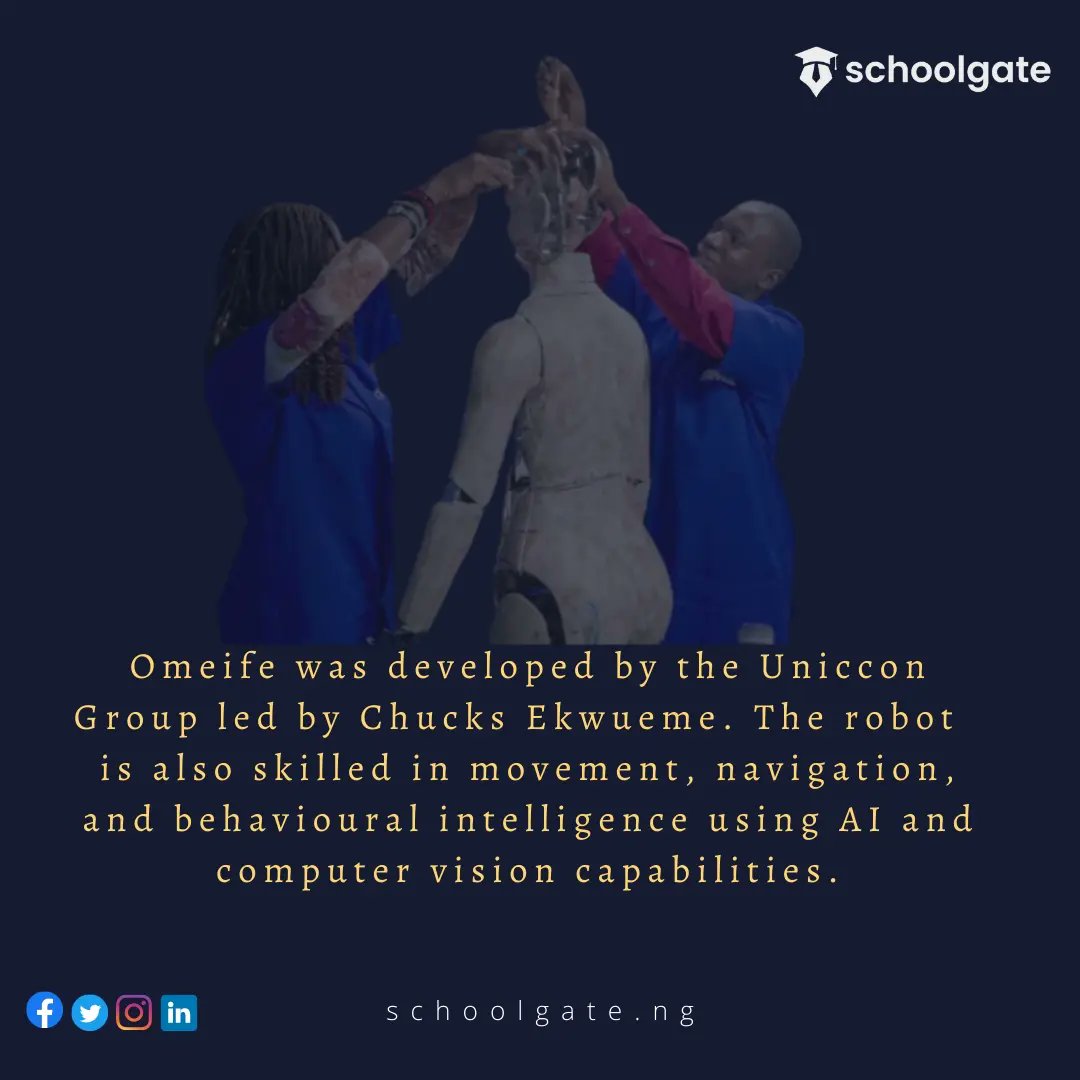 Schoolgate_ng's tweet photo. Nigeria has  commissioned it's first humanoid  robot🤖.

#tgif #fact #facts💯 #factsfriday #friday #fridayvibes #omeifetherobot #omeife #robotics #robots #ai #roboticseducation #codekids #schoolgate #schoolgate.ng #elearning #explorepage✨ #explore https://t.co/qdZAeY9lCk
