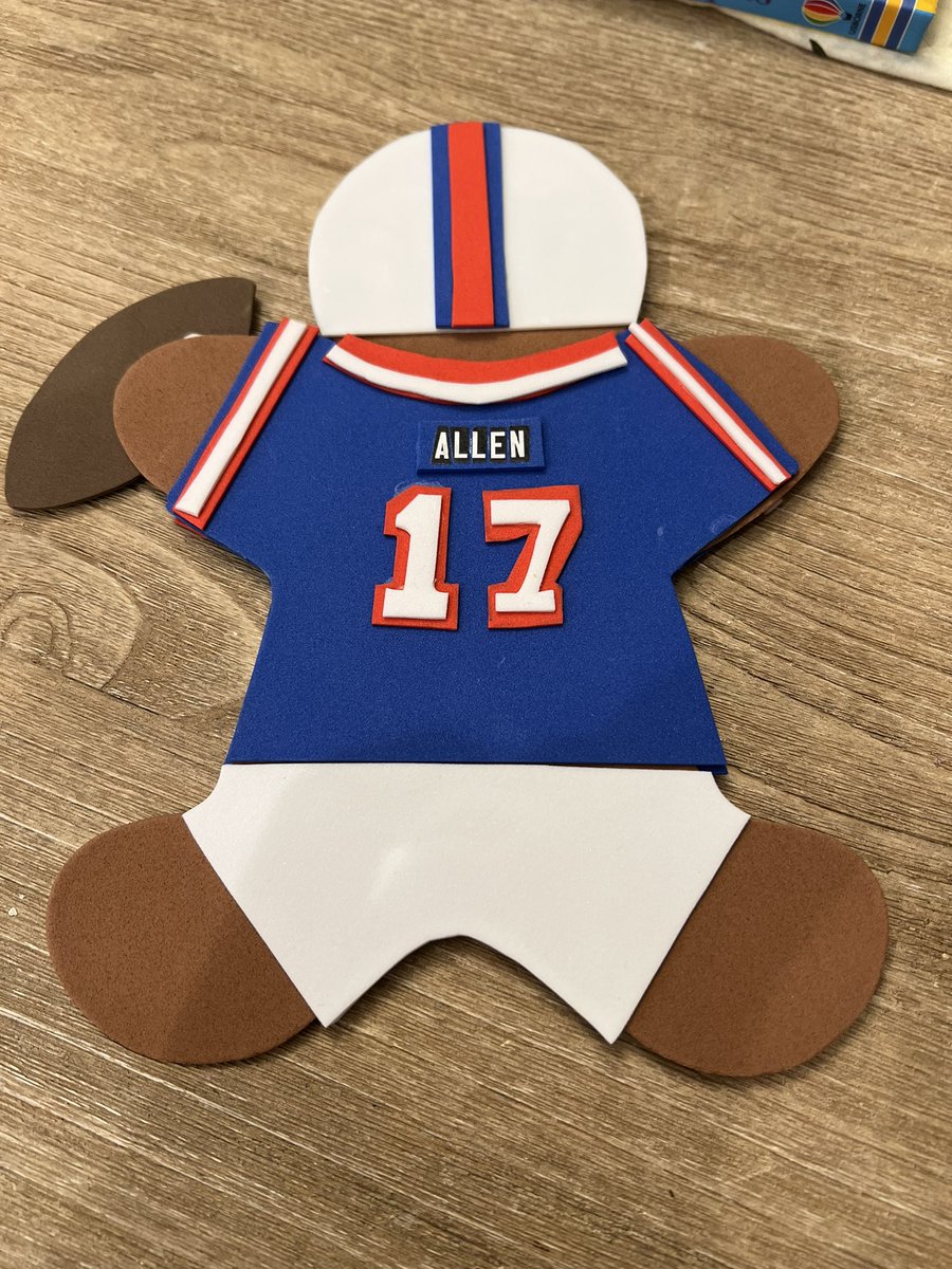 Bills_TheYear's tweet photo. @JoshAllenQB my son had a school project to make a gingerbread man.  Here’s what we came up with! Go get’em big dog! SQUISH THE FISH! @BuffaloBills https://t.co/dNdCdvDyfC