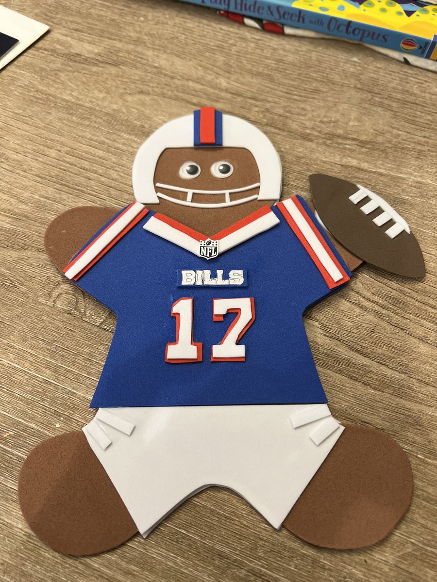Bills_TheYear's tweet photo. @JoshAllenQB my son had a school project to make a gingerbread man.  Here’s what we came up with! Go get’em big dog! SQUISH THE FISH! @BuffaloBills https://t.co/dNdCdvDyfC