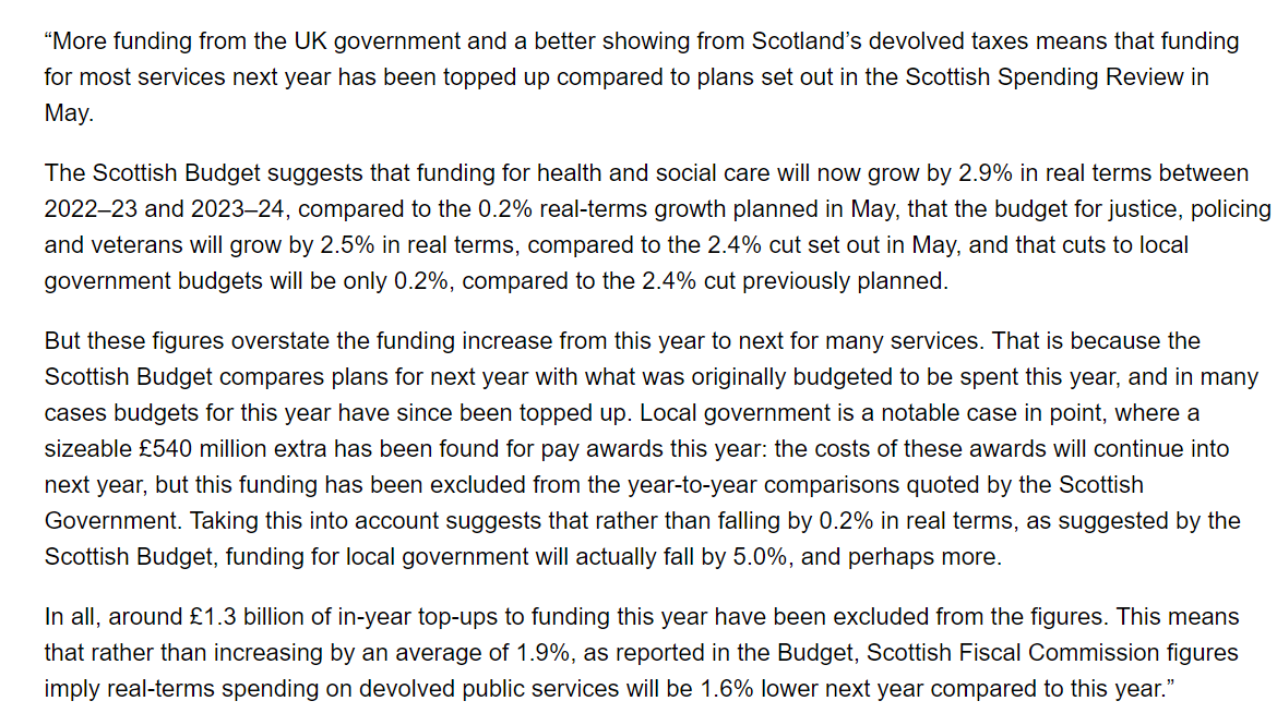 conor_matchett's tweet photo. The Institute for Fiscal Studies has just blown a gigantic hole in the SNP/Green budget.

Says the government has "overstate[d] the funding increase from this year to next year for many services"

Local Gov spending will drop by 5%, maybe more https://t.co/MkvrVFlhkO