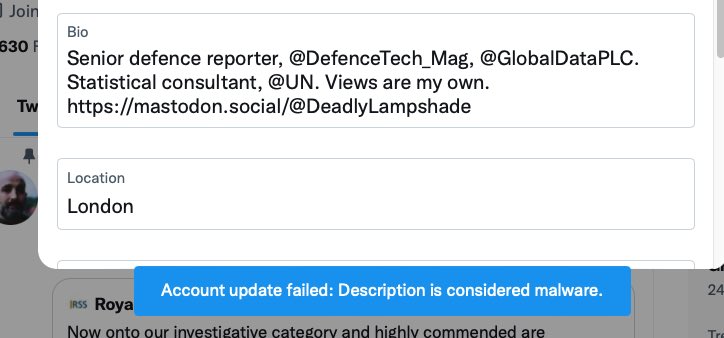 Interesting. Linking to your mastodon url in your twitter bio is now considered malware on twitter, and won’t save. Just have to use the handle then #mastodonmigration