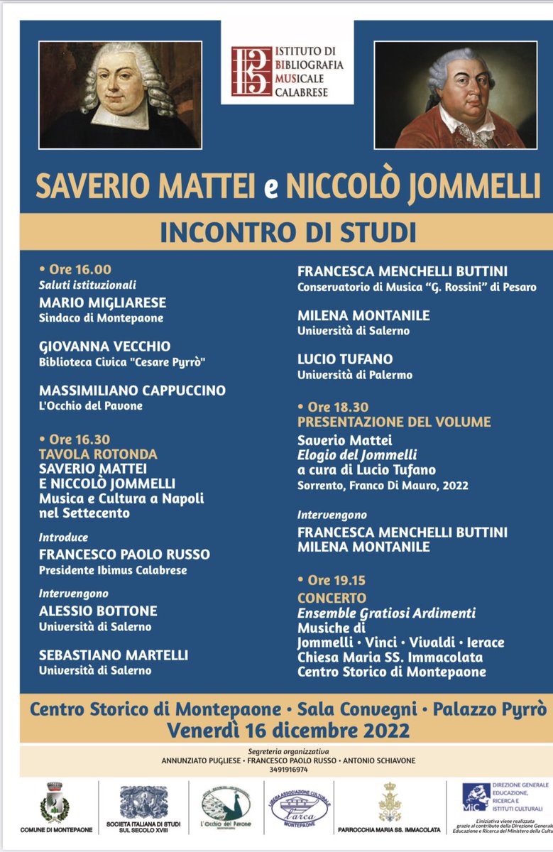 ibimusCalabria's tweet photo. Incontro di studi
“Saverio Mattei e Niccolò Jommelli”
Centro storico 
#Montepaone 16 dic. Sala Convegni,  pzo Pyrrò
a seguire
#Concerto , #EnsembleGraziosiArdimenti
Chiesa Maria Ss.Immacolata 

#musica
#musicologia https://t.co/y1c41ImjF4