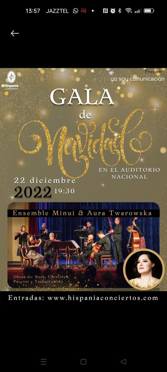 iribarrencarlo's tweet photo. ππ Este jueves 22 no me pierdo un concierto maravilloso de #Navidad en el #AuditorioNacional de Madrid con muy buena pinta π€©π @yosoycomunica #VienaenMadrid Obras de #Tchaikovsky #Puccini #Bach y #Cornelius #EnsembleMinui #AuraTwarowska @hispaniaconcie1 https://t.co/We86t85FG6