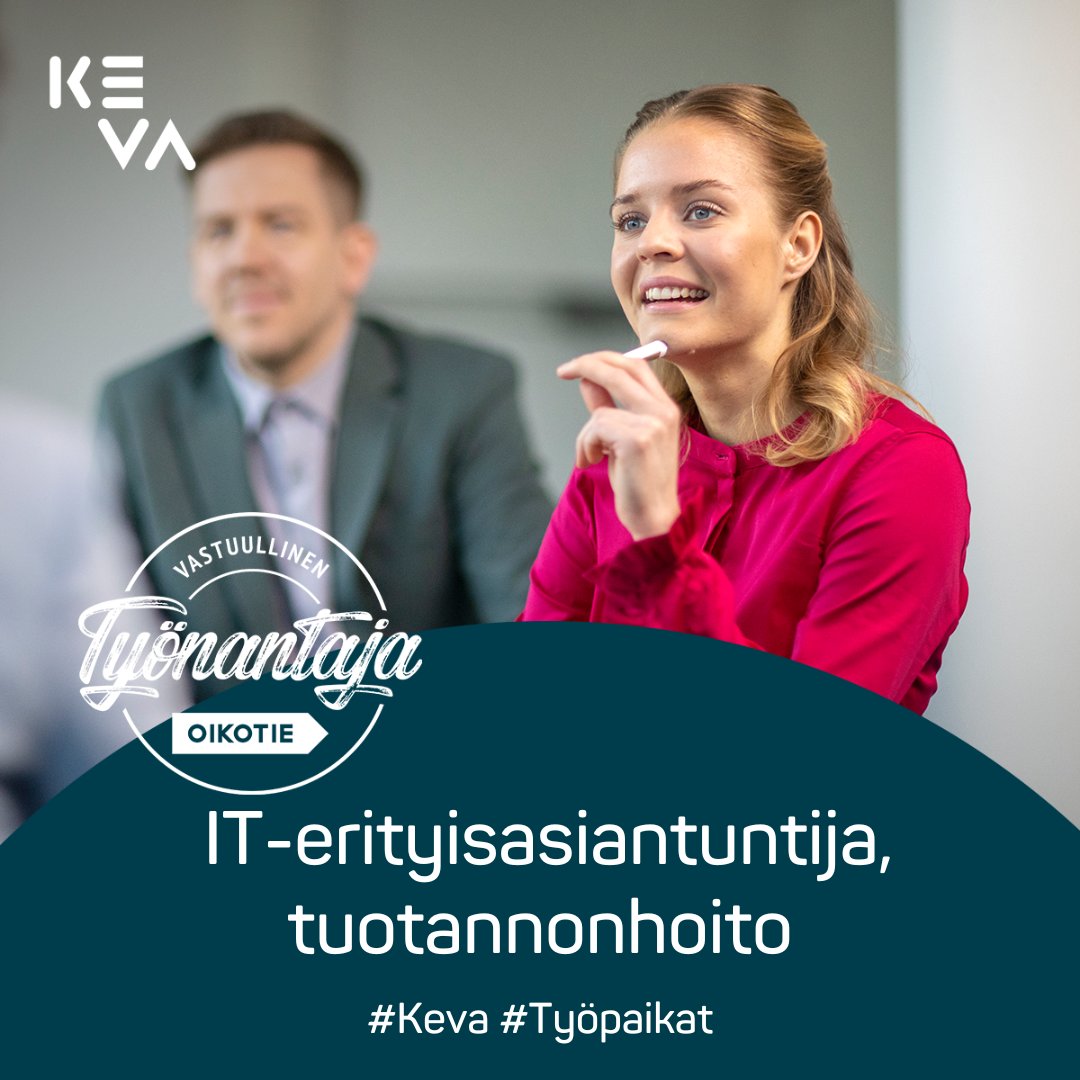 Tule meille töihin! Pääset mukaan innostavaan porukkaan ja haastaviin hommiin. IT-erityisasiantuntijan tehtävässä huolehdit Kevan tärkeimpien tietojärjestelmien häiriöttömästä tuotannosta. 

Tutustu tehtävään ja hae viimeistään 10.1.!
📲 keva.fi/uutiset-ja-art…

#työpaikat #ICT