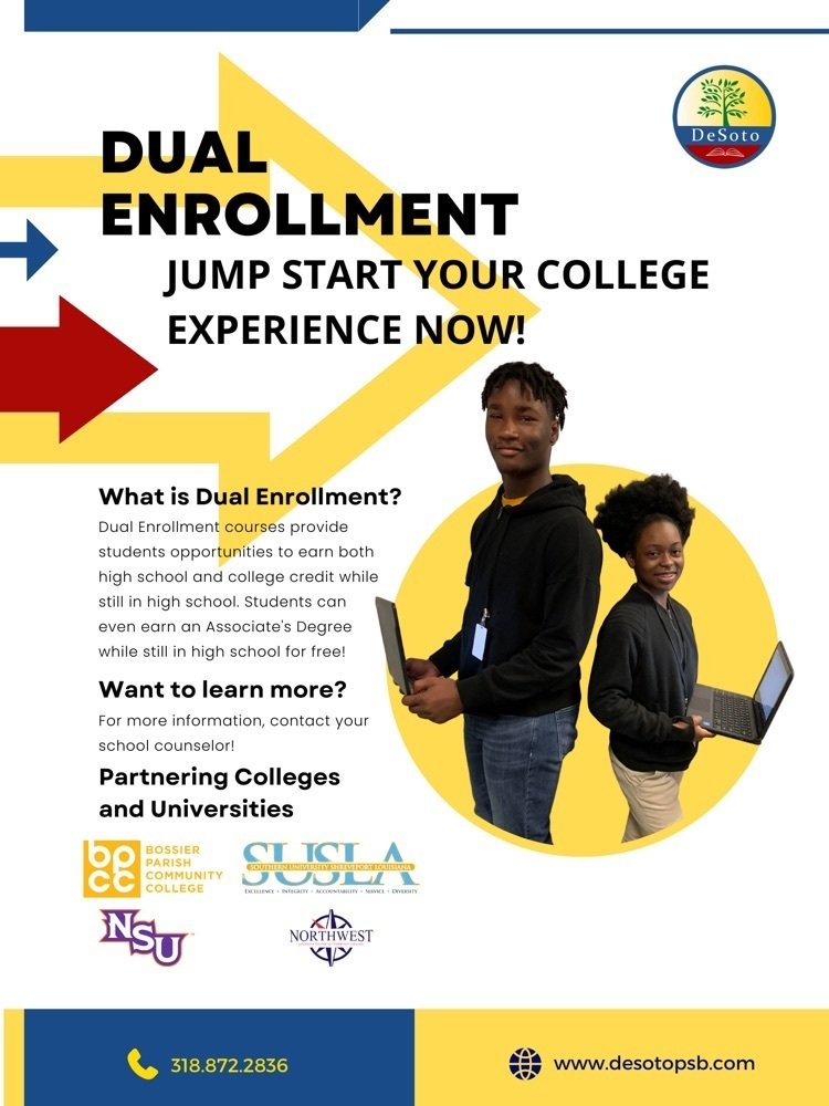 DesotoParish's tweet photo. A new semester begins in January which means another chance to earn college credit through dual enrollment at all 4 high schools. You can even earn your associates degree while in high school! Checkout https://t.co/CEkLx0mgtZ for more information #FindYourWayFriday https://t.co/UWAYB1Wvyd