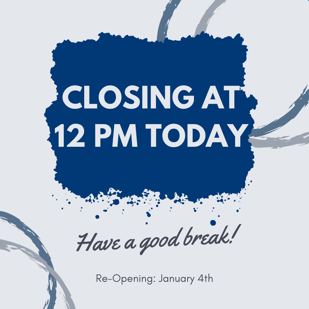 We are closing today at 12 pm for winter break. We will be opening at 10 AM on January 4th for limited hours. More details to come.