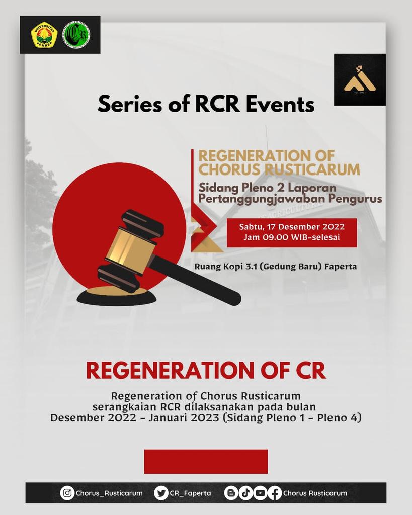 cr_faperta's tweet photo. 🔥Melody!!!🔥CR!!!🔥
Sehubungan dengan dilaksanakannya 
"Regeneration of Chorus Rusticarum (RCR) tahun 2022"

📝Agenda : Pleno 2. Laporan Pertanggung Jawaban Pengurus
🗓️Tanggal : Sabtu, 17 Desember 2022
🕒 Waktu : 09.00 WIB - Selesai
📍Tempat : 
Ruang Kopi 3.1 (Gedbar) Faperta https://t.co/roVxIe2MAN