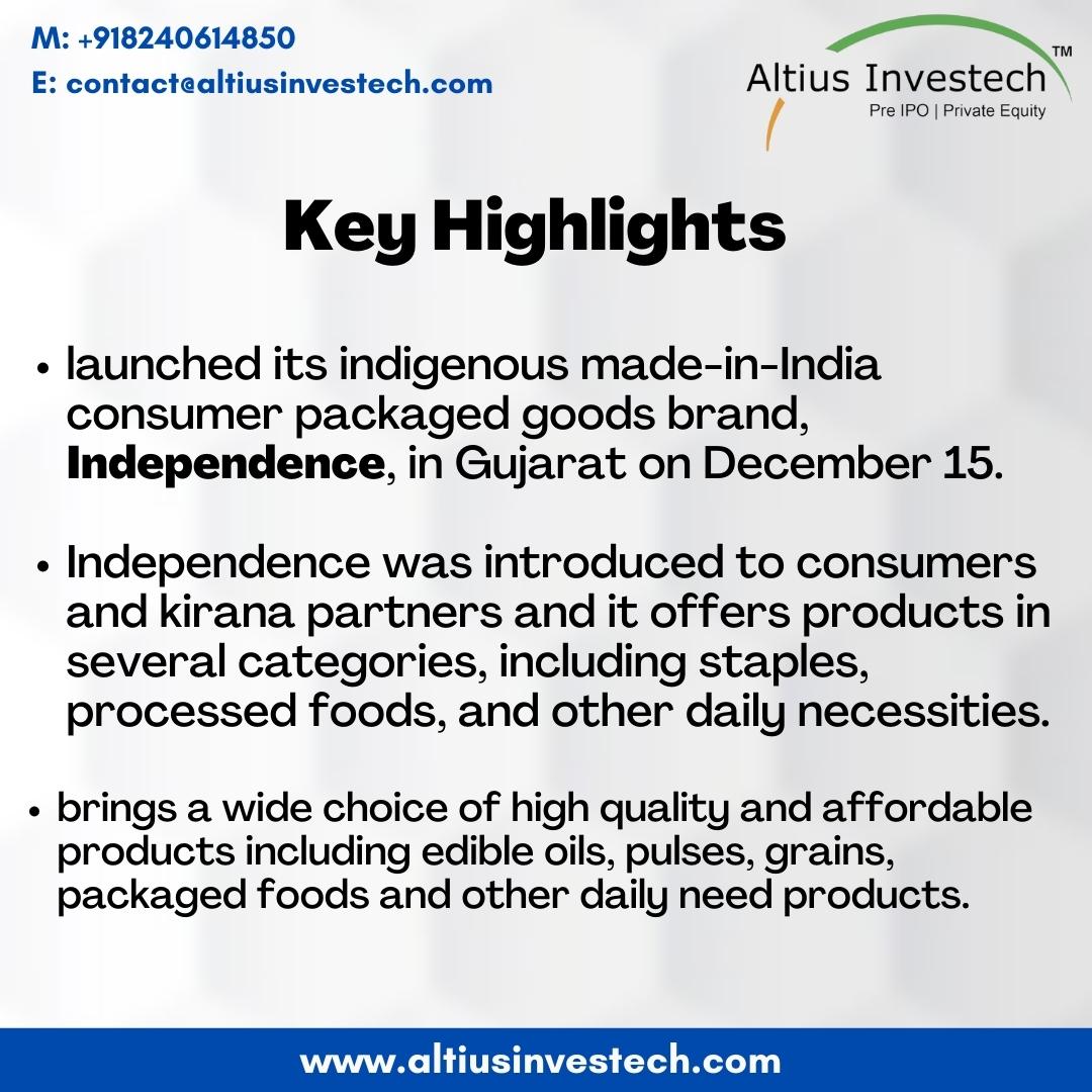 unlistedshares1's tweet photo. Reliance Consumer Products Limited, the FMCG arm of Reliance Retail Ventures Limited, launched its indigenous made-in-India consumer packaged goods brand, Independence, in Gujarat on December 15.

#reliance #relianceretail #altiusexplains #finance https://t.co/wyKhBTQTN1