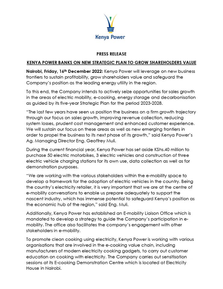 KenyaPower's tweet photo. PRESS RELEASE: KENYA POWER BANKS ON NEW STRATEGIC PLAN TO GROW SHAREHOLDERS VALUE https://t.co/LUUWyxEla2