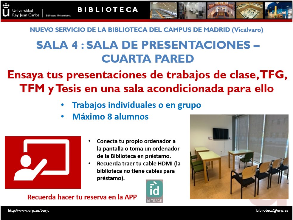 BURJC's tweet photo. "Cuarta pared", la nueva sala que ofrece la Biblioteca del campus de Madrid para ensayar presentaciones de trabajos de clase, TFG o TFM está siendo un éxito. ¡No te olvides de hacer tu reserva! #burjc https://t.co/JiCJEz4oob