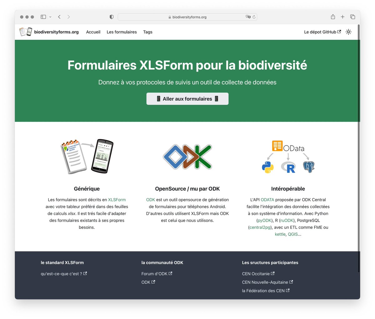 Interested in using ODK for conservation work? <a href="/RESEAU_CEN/">le réseau nature CEN</a>, @cen_naquitaine, and others have put together some great forms you can start with at biodiversityforms.org.

Don't speak French? Pas de problème! Google Translate will translate the site into the language you speak.