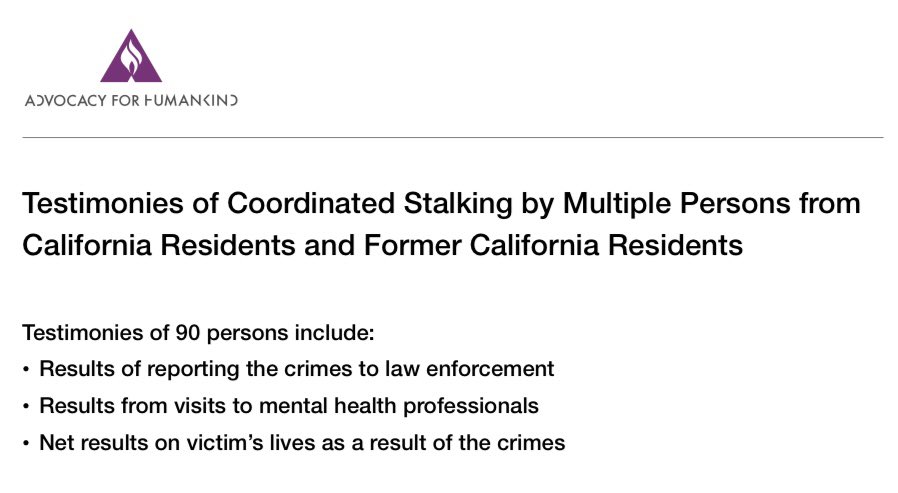 TiFinland's tweet photo. The UN human rights office #OHCHR published #gangstalking victim testimonies of 90 Californians:

https://t.co/fYSmDos0z1

They were gathered by the NGO Advocacy For Humankind:

https://t.co/GaF4ySaeUK https://t.co/IOYRmkZjGw