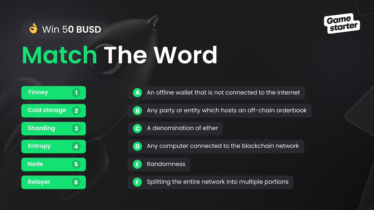 gamestarter's tweet photo. It's time for the 4th puzzle, Gamestarters!🧩

Match the words to their meaning and win 50 $BUSD! 🚀 There will be only one winner so act fast!🔥

How to enter:
⚡️Follow @gamestarter
⚡️RT
⚡️Reply with your answer, wallet, tag friends

⏰Winners TBA 72h

#Giveaway #Airdrop https://t.co/B70PPxlUmQ