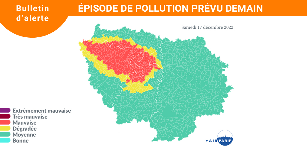 Airparif's tweet photo. [#EpisodePollution] 🗓Prévision pour le 17.12
Vent faible + températures 🥶 = mauvaise dispersion des émissions de #polluants, (issues notamment du trafic 🚗 et du chauffage 🪵). Les #particules prédomineront dans l'air francilien. Un épisode de pollution est donc prévu demain. https://t.co/suVKuNSHRM