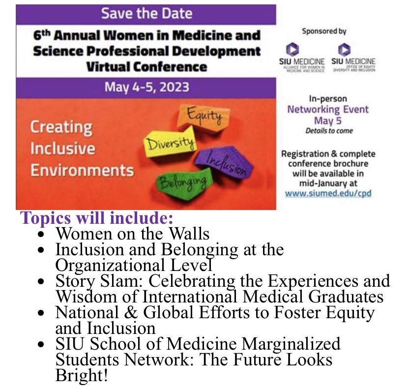 Are you interested in helping to create an inclusive world where everyone has a sense of belonging? Join us @siusom #SIUAWIMS for a virtual conference that explores how to be a part of that change! ALL are invited & welcome! #advocates #allies #DEI #diversity #inclusion #equity