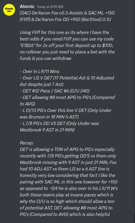 AtomicPropz's tweet photo. De'Aaron Fox o5.5 AST &amp; SAC ML +150 &amp; DD +950 

- Over in L9/11 W's 
- Over LG V DET (17 Potential &amp; 10 ADJ AST, despite 7 AST)
- L13/13 PG's Over V DET
- L7/8 PG's DD V DET
DET Ranked:
- #8 most APG to PG's (Compared to AVG)
- #12 Pace / SAC #6 (0/U 240)
- 📊via @propsdotcash https://t.co/NHamFU8APR